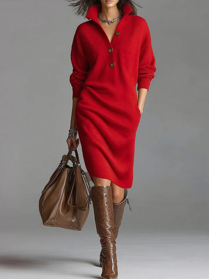 Women’s Stylish Ribbed Knit Dress with Button Accents and Functional Pockets | D&S