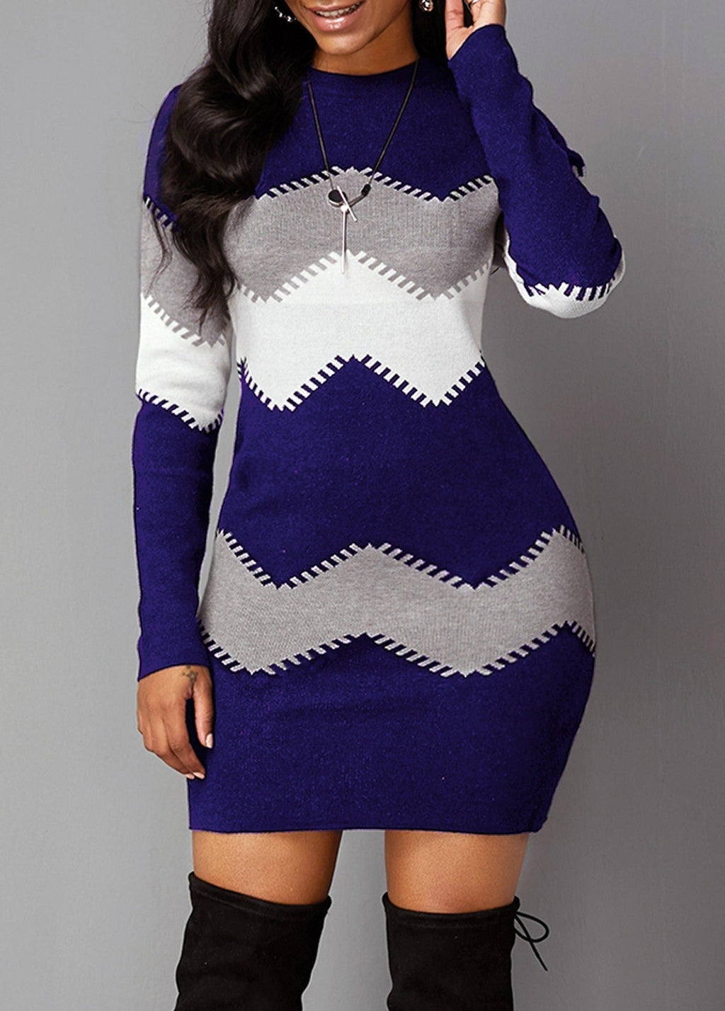 Bodycon Knitted Dress for Women | Chic Chevron Pattern | E&W - 6 - Elenwear