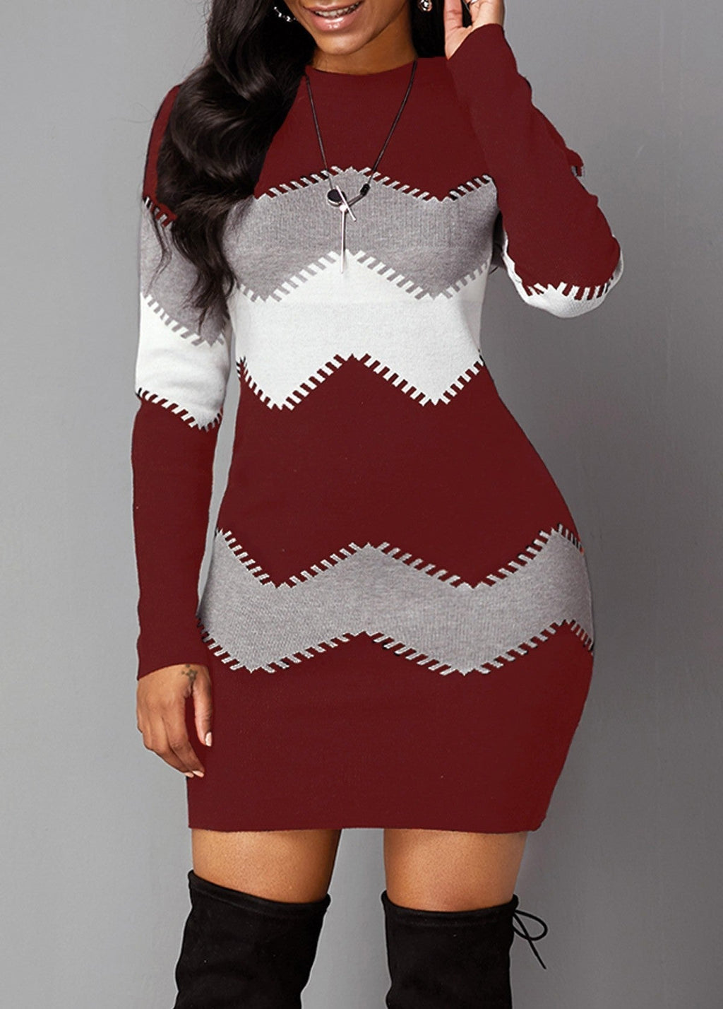 Bodycon Knitted Dress for Women | Chic Chevron Pattern | E&W - 8 - Elenwear