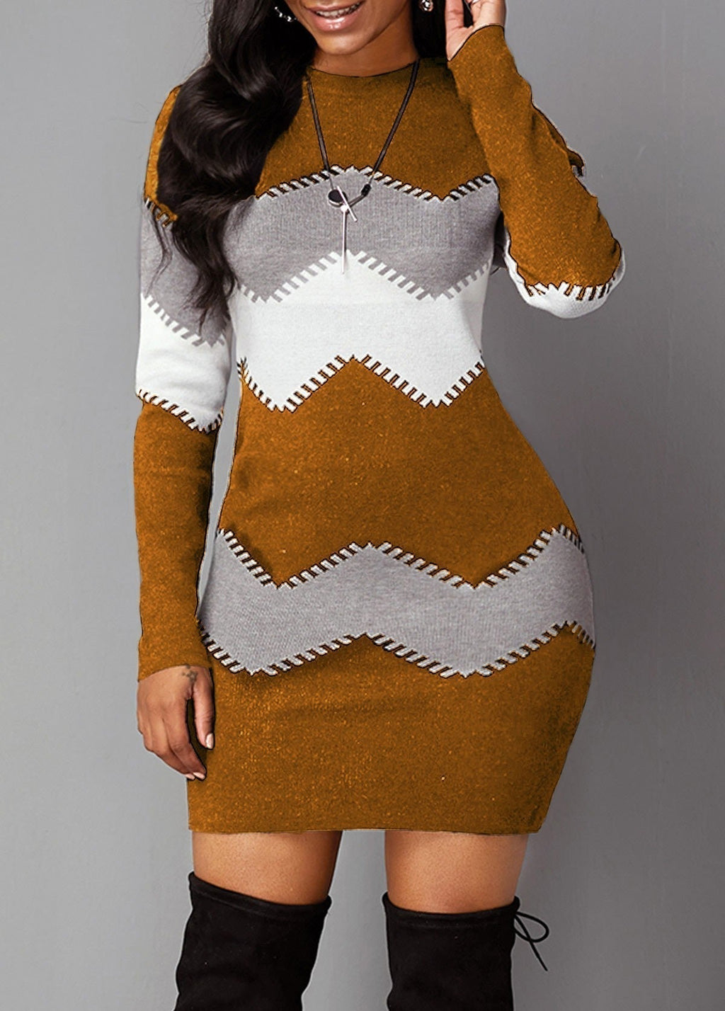 Bodycon Knitted Dress for Women | Chic Chevron Pattern | E&W - 9 - Elenwear