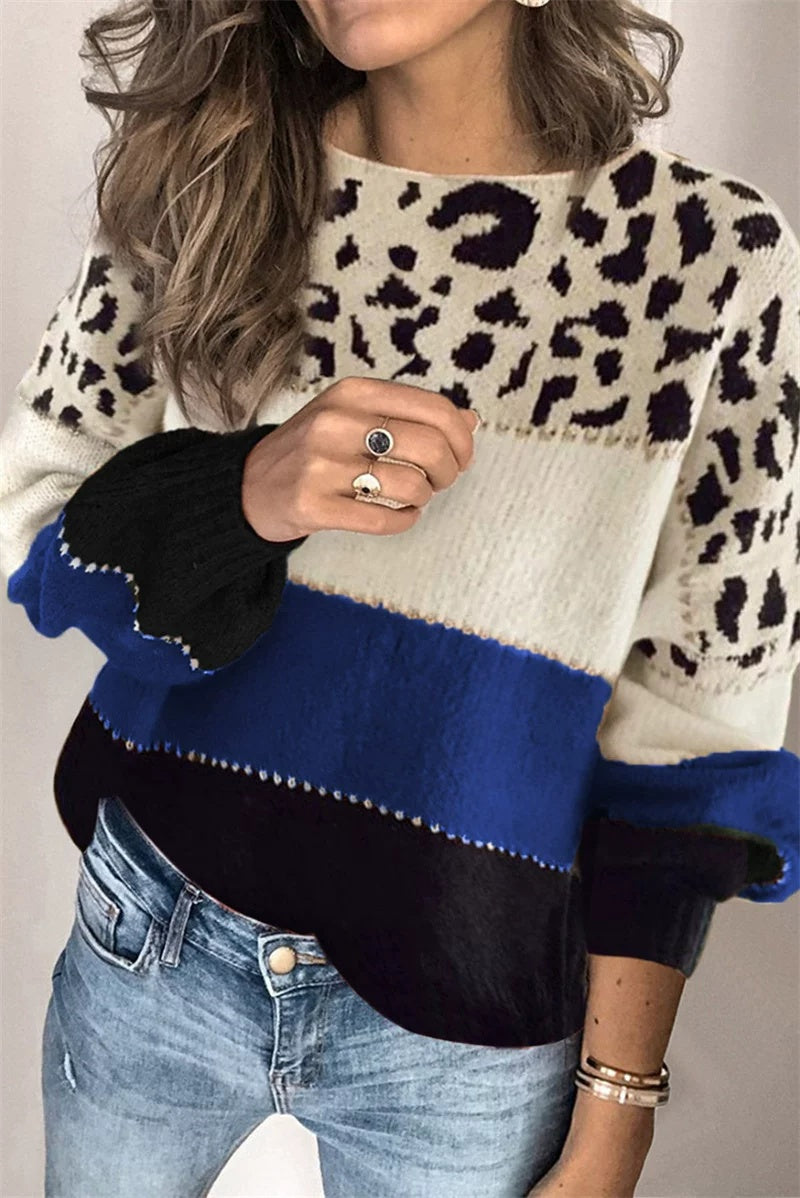 Women's Colour Block Pullover with Leopard Print | E&W - 1 - Elenwear