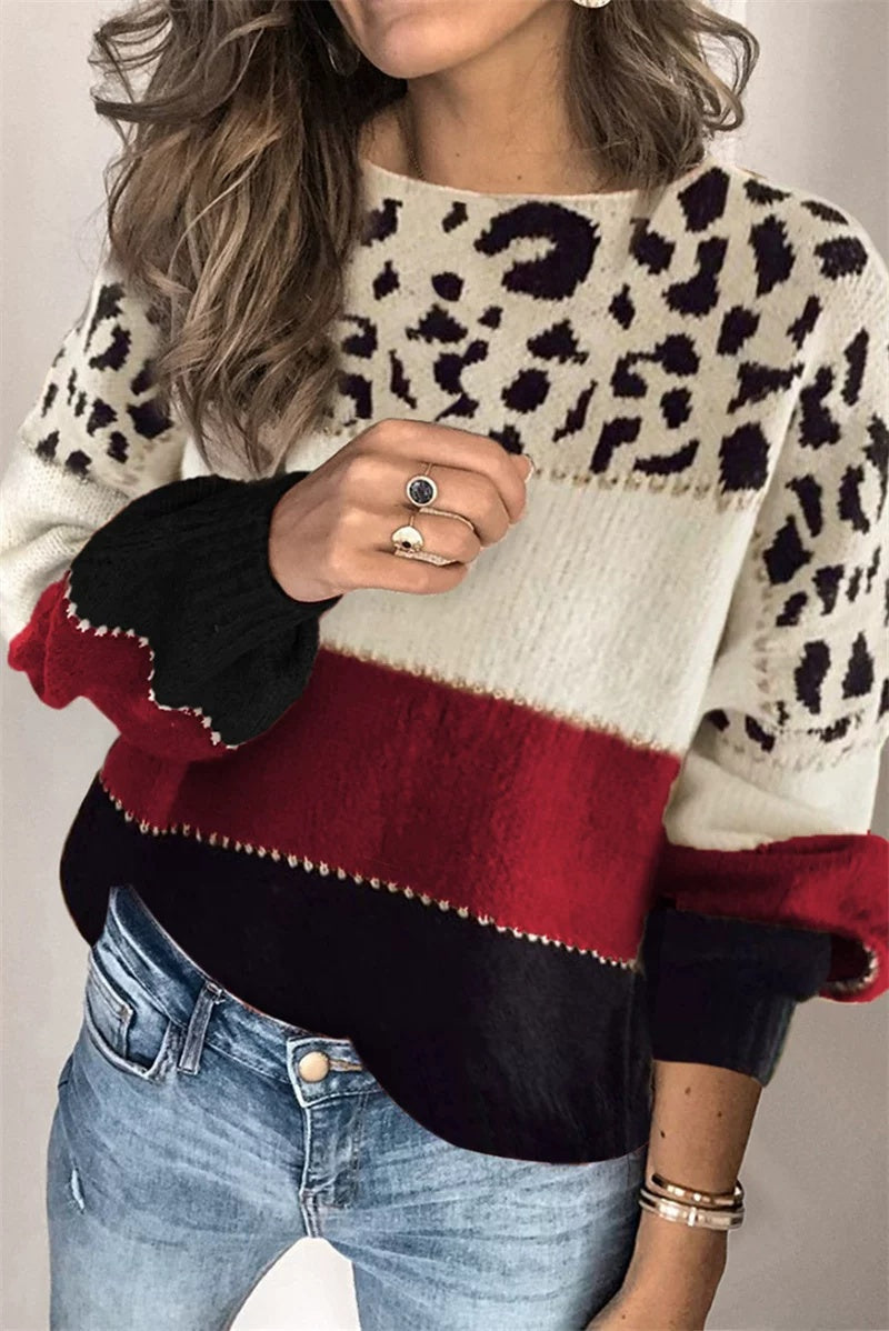 Women's Colour Block Pullover with Animal Print and Puff Sleeves - 2 - Rokvane