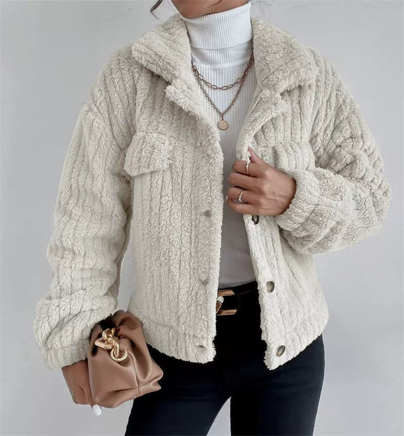 Women's Textured Cropped Jacket with Button Closure - 4 - Rokvane