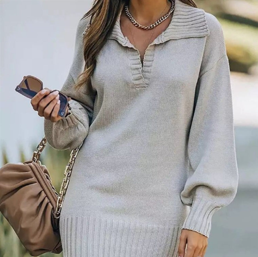 Knitted Mini Dress Women's Long Sleeve with Ribbed Hem - 1 - Rokvane