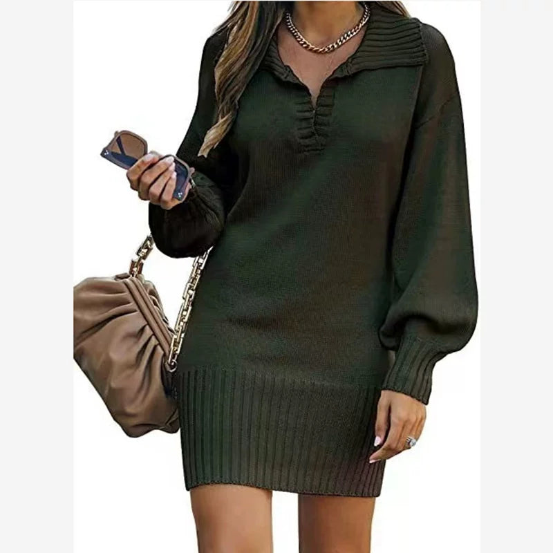 Knitted Mini Dress Women's Long Sleeve with Ribbed Hem - 2 - Rokvane
