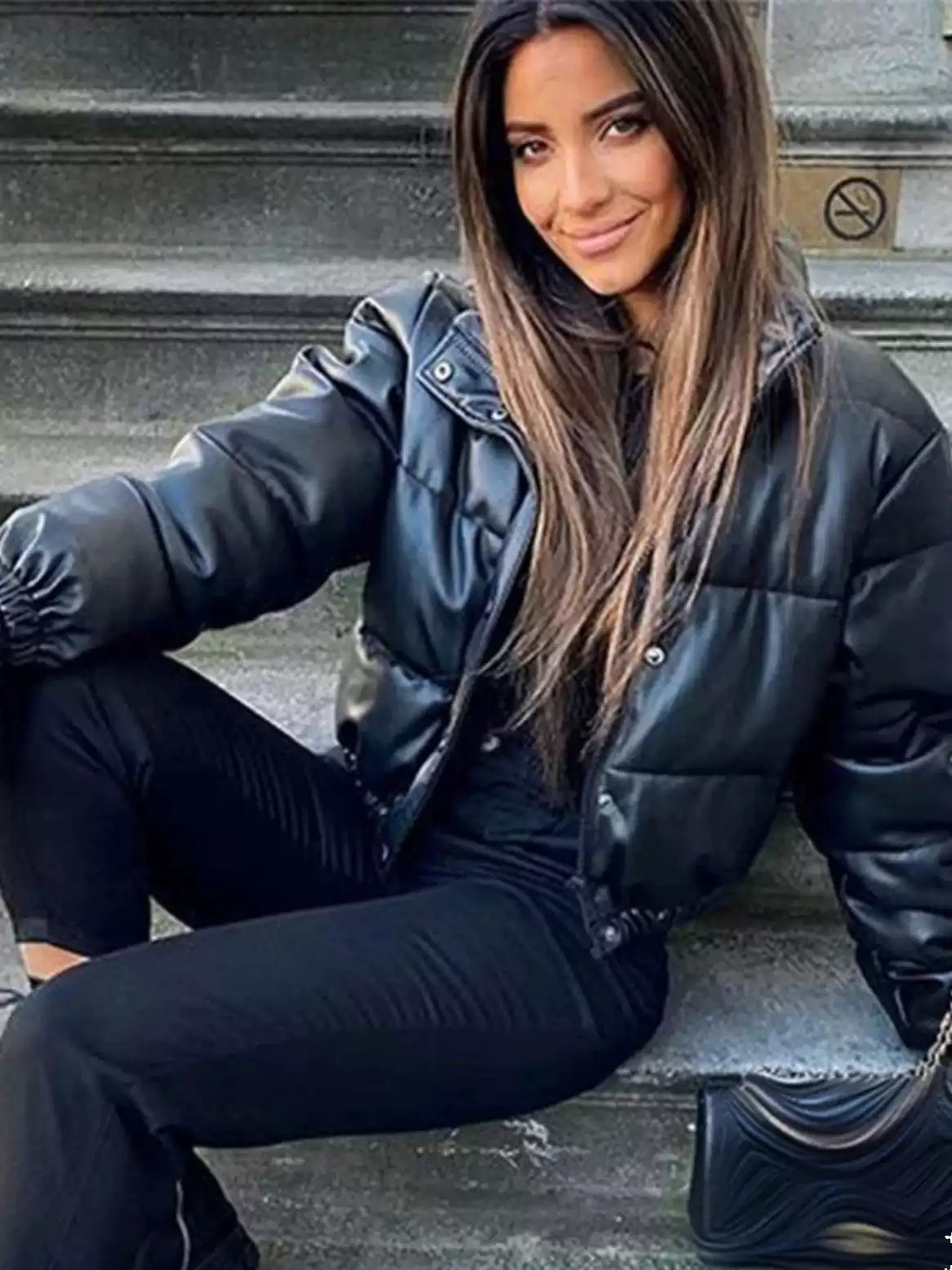 Puffer Jacket Women's Black Faux Leather Cropped Design - 2 - Rokvane