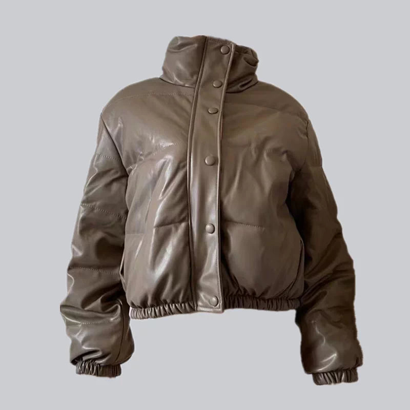Puffer Jacket Women's Black Faux Leather Cropped Design - 4 - Rokvane