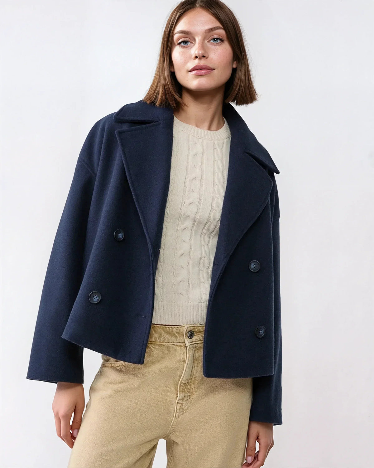 Women's Cropped Peacoat with Double-Breasted Design | E&W - 1 - Elenwear