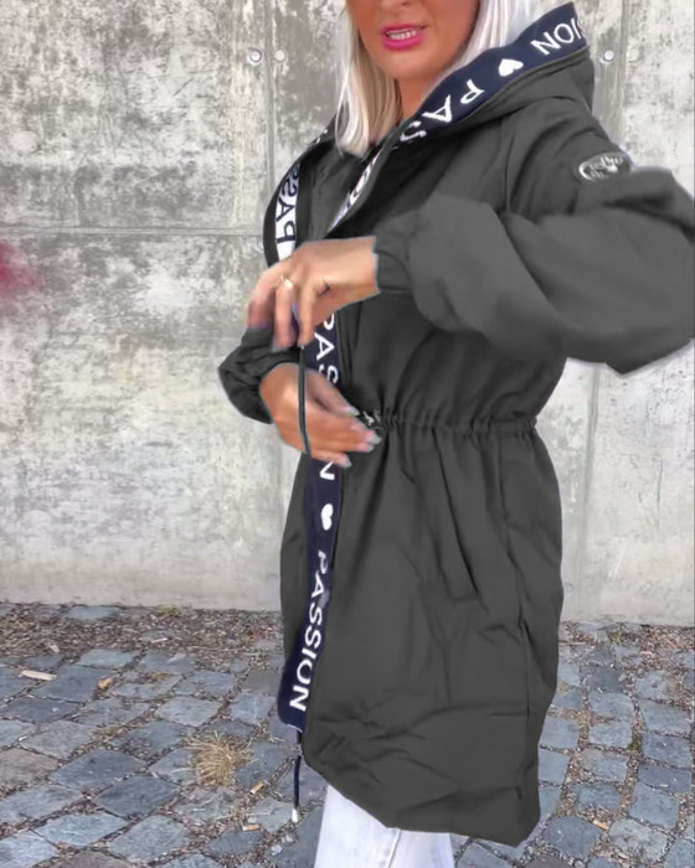 Hooded Women's Jacket with Adjustable Waist Tie | E&W - 3 - Elenwear