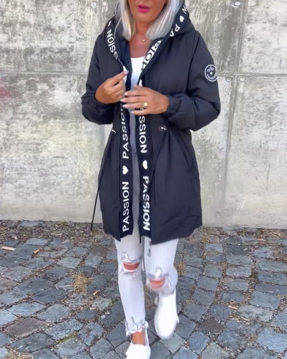 Hooded Women's Jacket with Adjustable Waist Tie | E&W - 4 - Elenwear