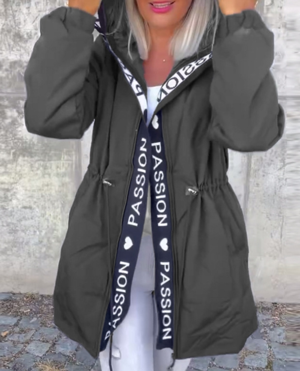 Hooded Women's Jacket with Adjustable Waist Tie | E&W - 8 - Elenwear