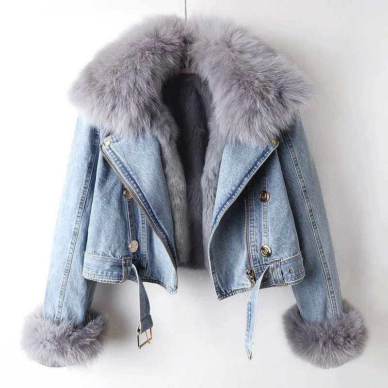 Women's Denim Jacket with Faux Fur Collar and Cuffs | E&W - 2 - Elenwear