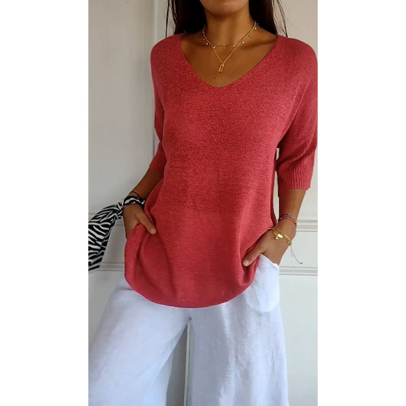 V-Neck Pullover Women's Relaxed Fit with Mid-Length Sleeves | S&W - 2 - Stylewhipped