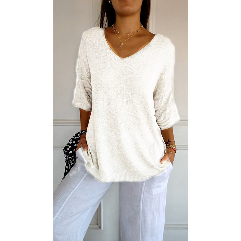 V-Neck Pullover Women's Relaxed Fit with Mid-Length Sleeves | S&W - 3 - Stylewhipped