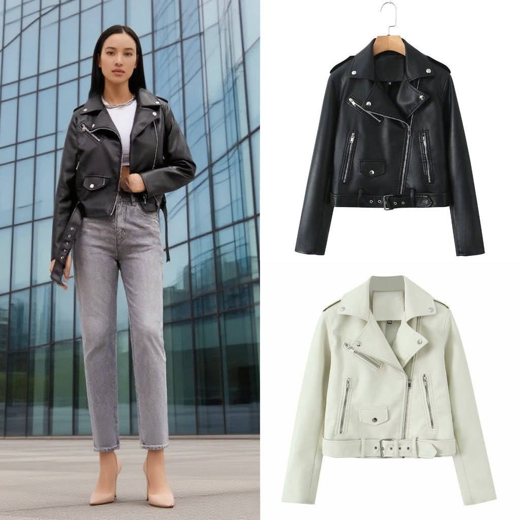 Biker Jacket Women's Fitted Style with Belted Waist | S&W - 1 - Stylewhipped