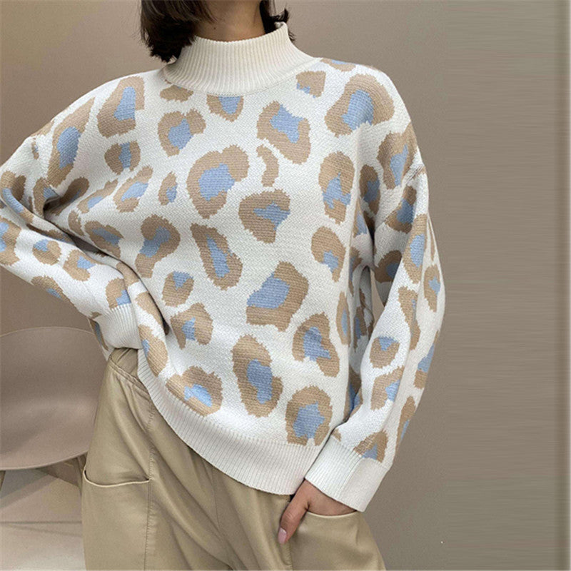 Oversized Women's Sweater with High Roll Neck and Leopard Print | S&W - 1 - Stylewhipped