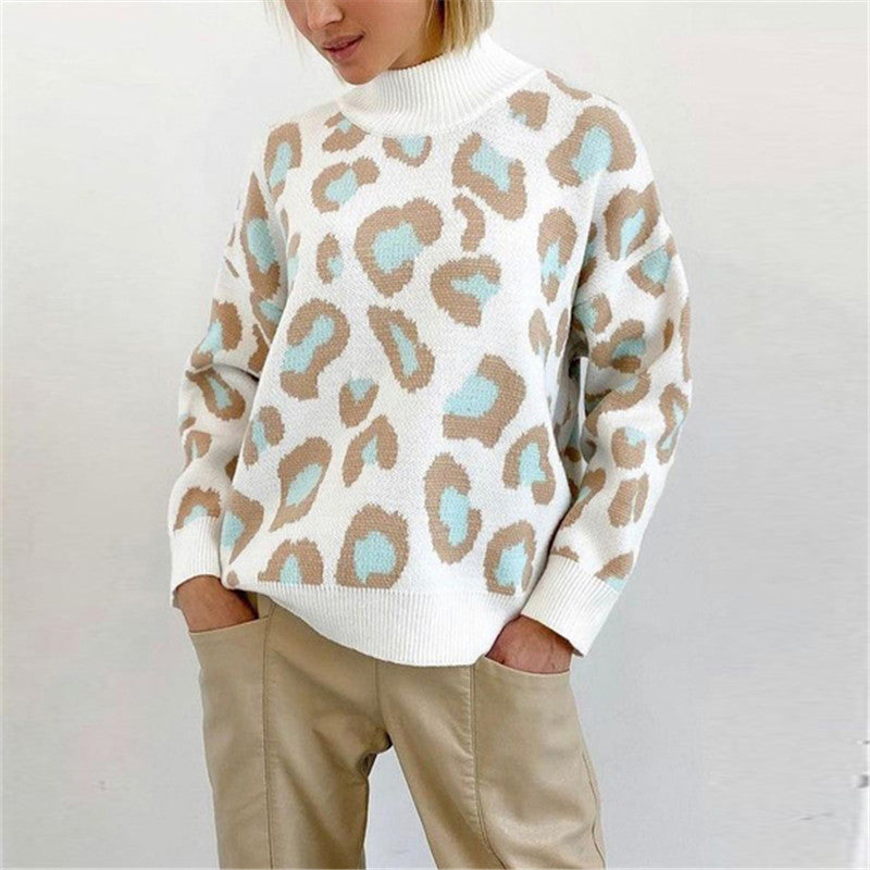 Oversized Women's Sweater with High Roll Neck and Leopard Print | S&W - 2 - Stylewhipped