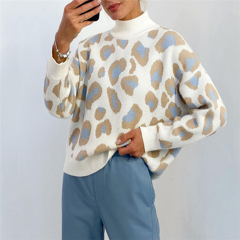 Oversized Women's Sweater with High Roll Neck and Leopard Print | S&W - 3 - Stylewhipped