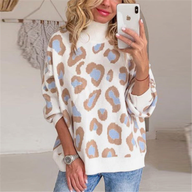 Oversized Women's Sweater with High Roll Neck and Leopard Print | S&W - 4 - Stylewhipped