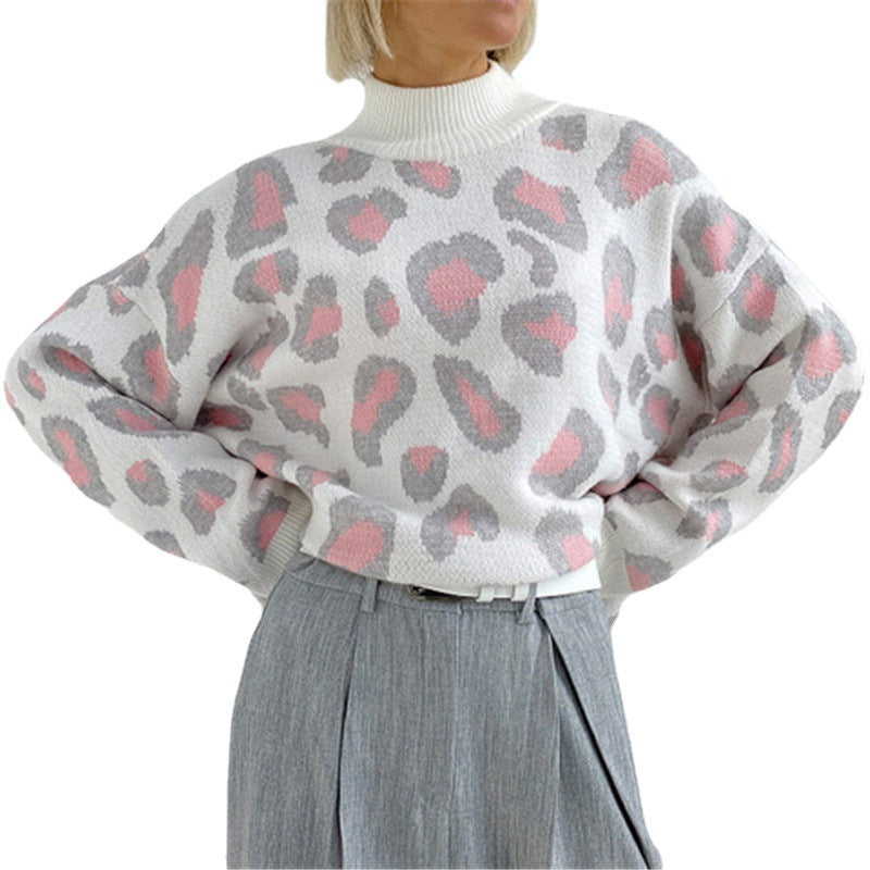 Oversized Women's Sweater with High Roll Neck and Leopard Print | S&W - 5 - Stylewhipped