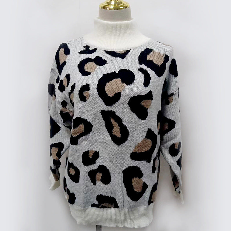 Oversized Women's Sweater with High Roll Neck and Leopard Print | S&W - 6 - Stylewhipped