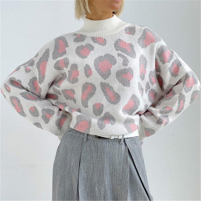 Oversized Women's Sweater with High Roll Neck and Leopard Print | S&W - 7 - Stylewhipped