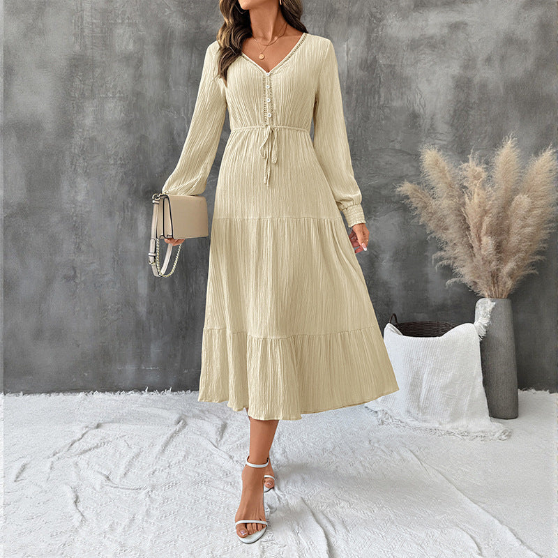 Midi Dress Women's Tiered Design with V-Neckline & Long Sleeves | S&W - 1 - Stylewhipped