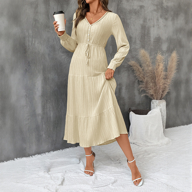 Midi Dress Women's Tiered Design with V-Neckline & Long Sleeves | S&W - 2 - Stylewhipped