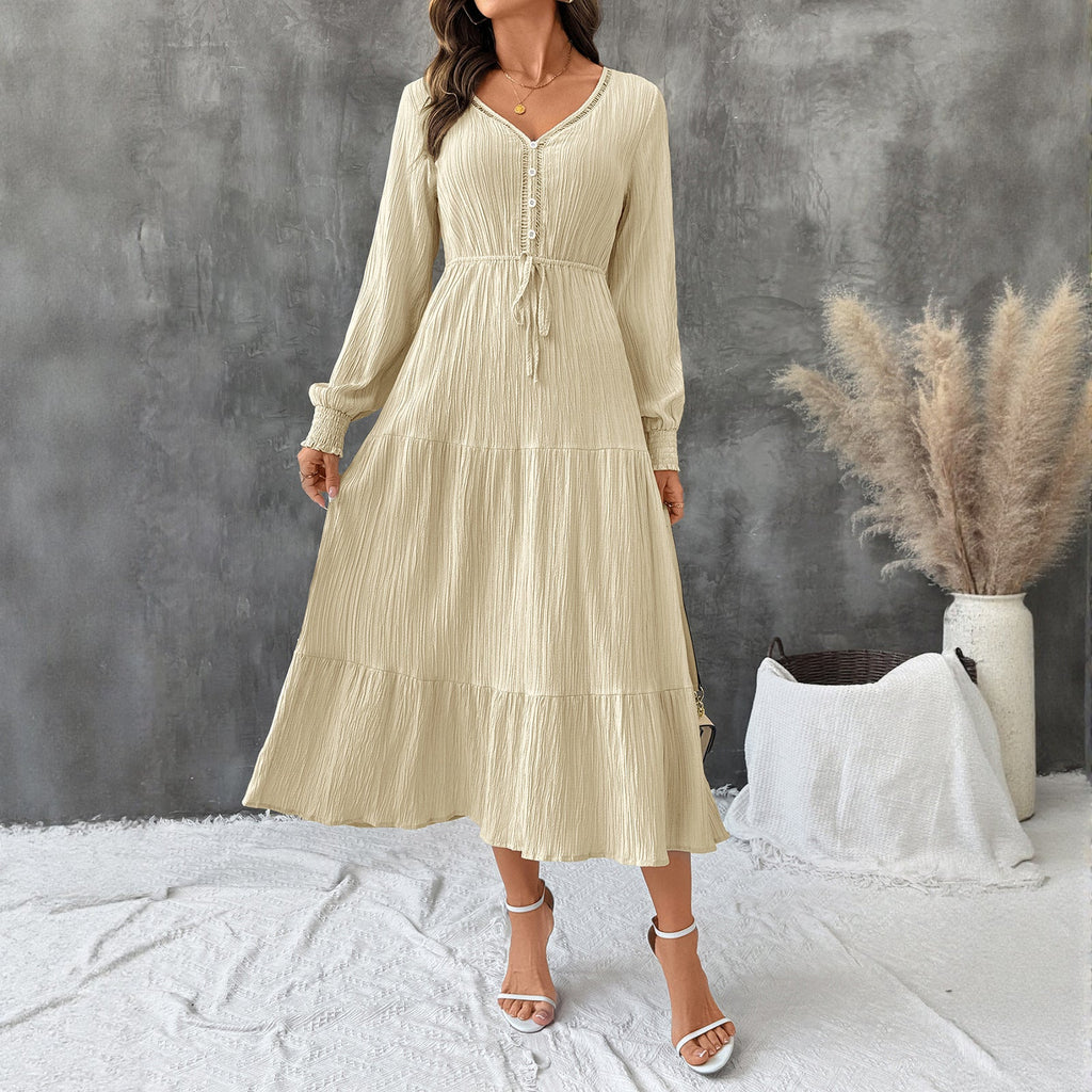 Midi Dress Women's Tiered Design with V-Neckline & Long Sleeves | S&W - 3 - Stylewhipped