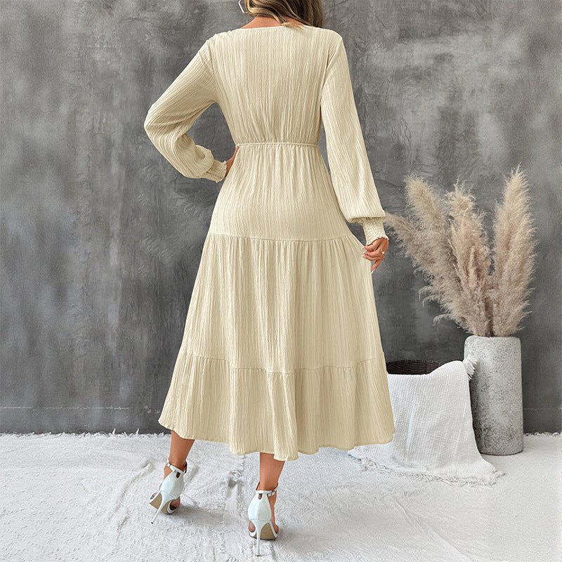 Midi Dress Women's Tiered Design with V-Neckline & Long Sleeves | S&W - 4 - Stylewhipped