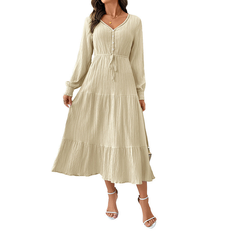 Midi Dress Women's Tiered Design with V-Neckline & Long Sleeves | S&W - 5 - Stylewhipped
