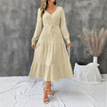 Midi Dress Women's Tiered Design with V-Neckline & Long Sleeves | S&W - 6 - Stylewhipped