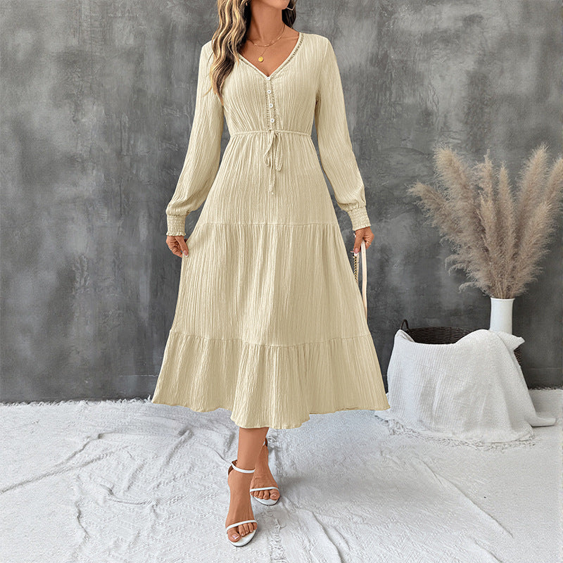 Midi Dress Women's Tiered Design with V-Neckline & Long Sleeves | S&W - 6 - Stylewhipped