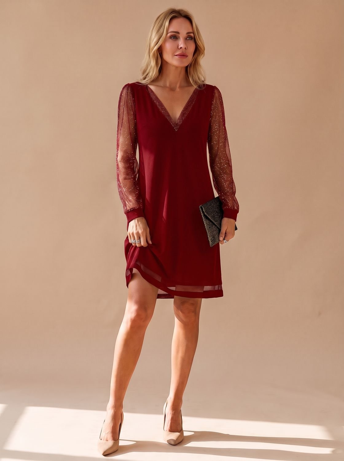 V-Neck Women's Dress with Sheer Sleeves and Flattering Fit | S&W - 2 - Stylewhipped