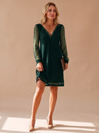 V-Neck Women's Dress with Sheer Sleeves and Flattering Fit | S&W - 3 - Stylewhipped