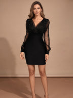 Evening Dress Women's Fitted Silhouette with Sheer Sleeves | S&W - 2 - Stylewhipped