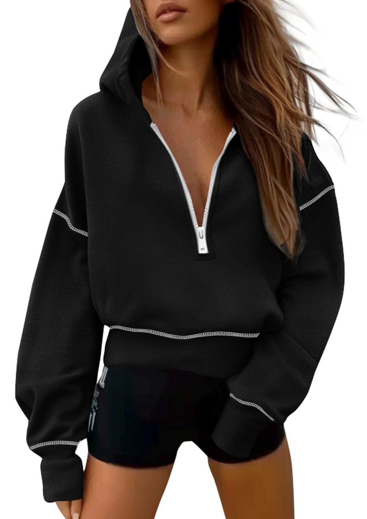 Hoodie for Women | Cropped Style with Half Zip and Balloon Sleeves | S&W - 3 - Stylewhipped