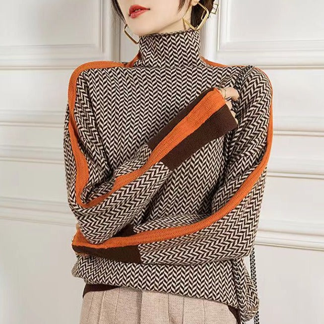 Patterned Women's Roll Neck Pullover with Colourblock Detail | S&W - 1 - Stylewhipped