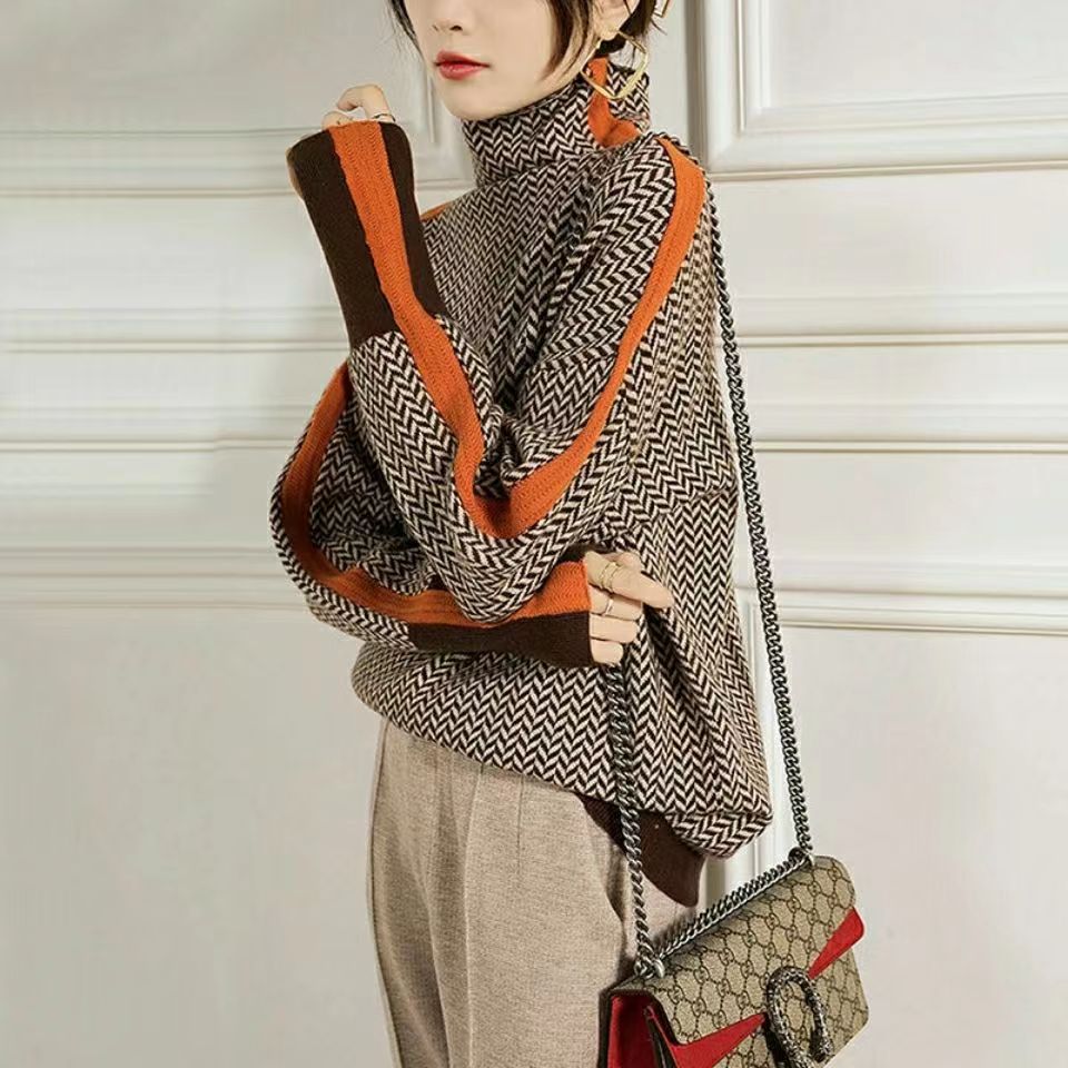 Patterned Women's Roll Neck Pullover with Colourblock Detail | S&W - 2 - Stylewhipped