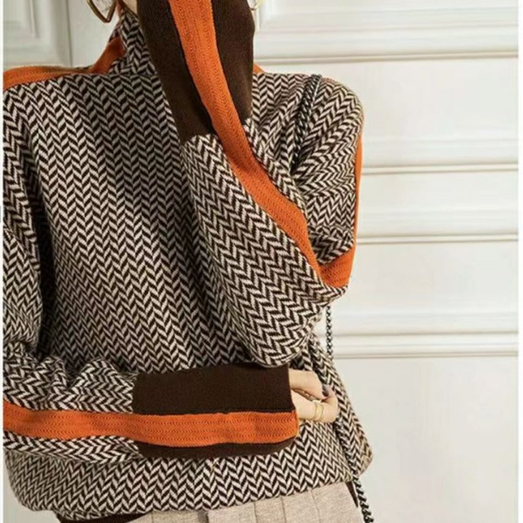 Patterned Women's Roll Neck Pullover with Colourblock Detail | S&W - 3 - Stylewhipped