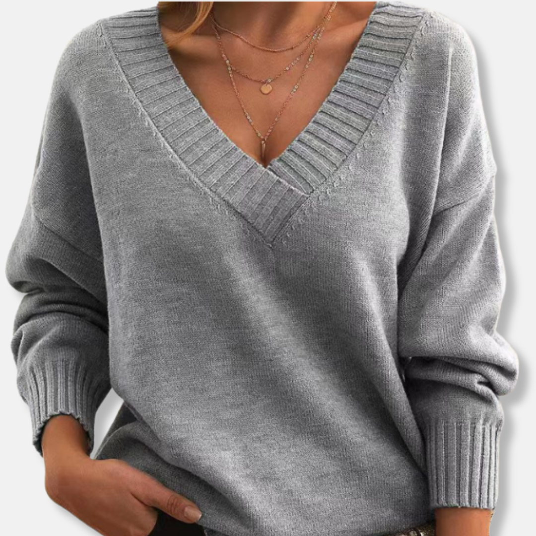 V-Neck Women's Relaxed Fit Pullover with Ribbed Accents | S&W - 2 - Stylewhipped