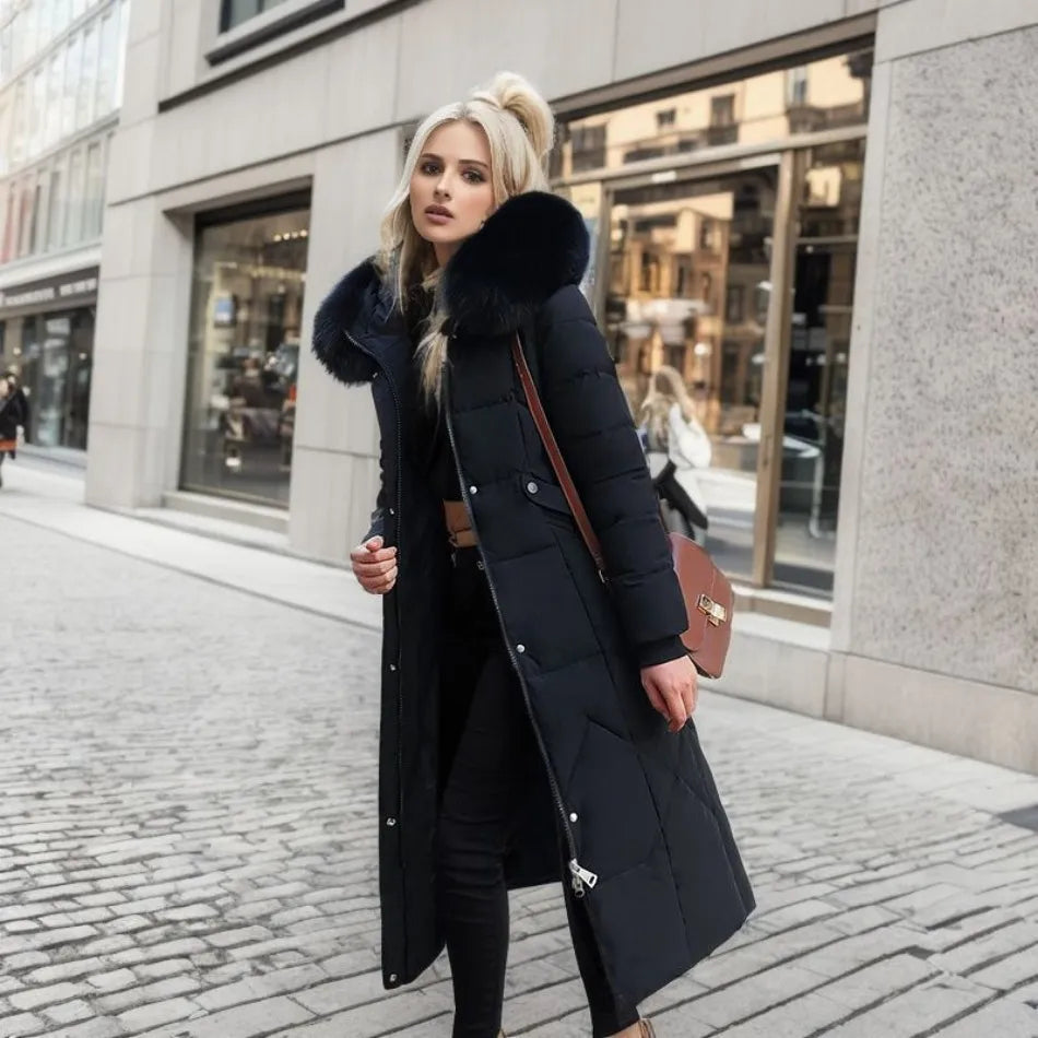 Long Padded Coat Women's with Hood and Faux Fur Collar | S&W - 16 - Stylewhipped