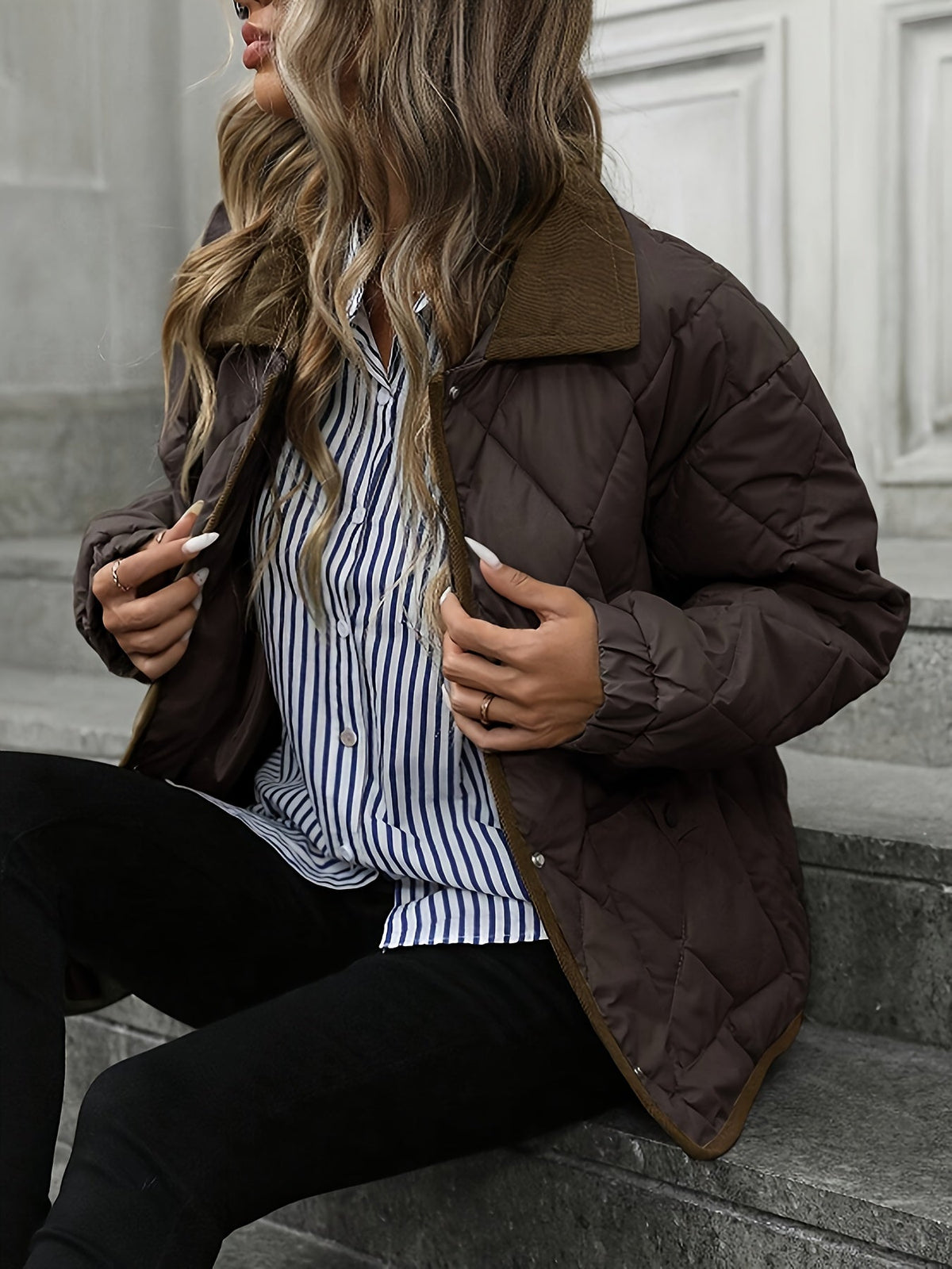 Quilted Jacket for Women with Pockets and Classic Collar | S&W - 3 - Stylewhipped