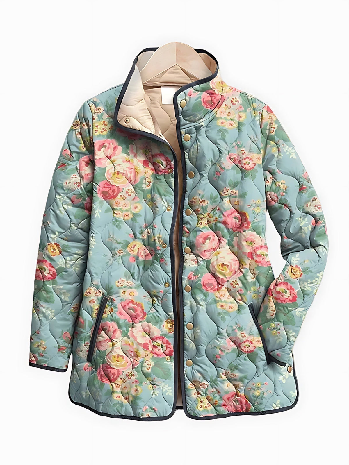 Floral Print Women's Quilted Jacket with Stand-Up Collar | S&W - 1 - Stylewhipped