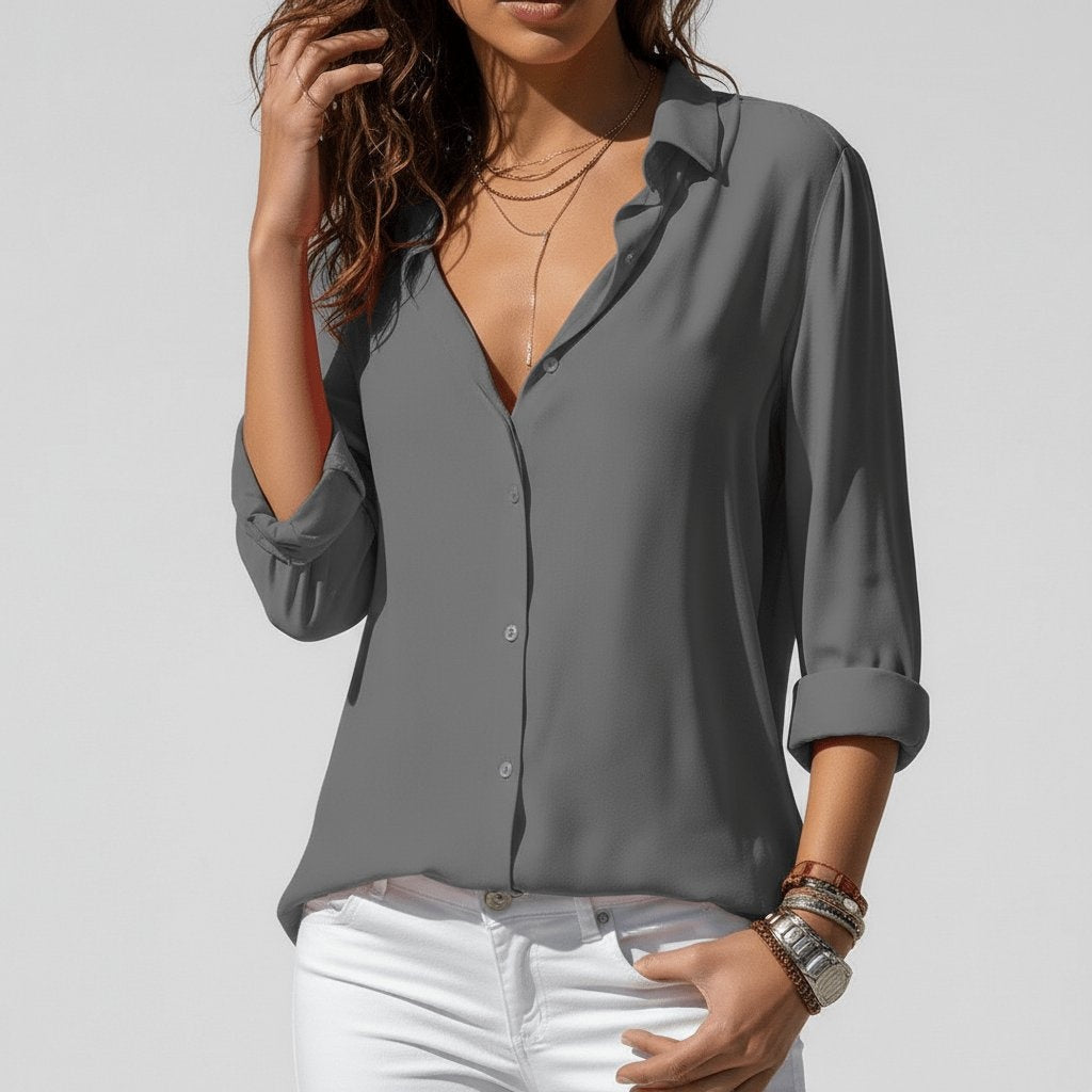Button-Up Blouse Women's Relaxed Fit with V-Neck | S&W - 1 - Stylewhipped