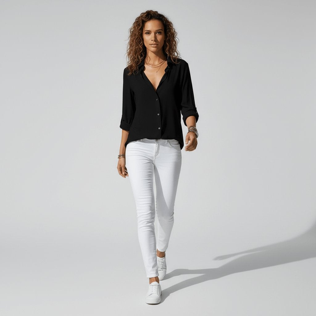 Button-Up Blouse Women's Relaxed Fit with V-Neck | S&W - 5 - Stylewhipped