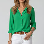 Button-Up Blouse Women's Relaxed Fit with V-Neck | S&W - 7 - Stylewhipped