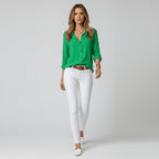 Button-Up Blouse Women's Relaxed Fit with V-Neck | S&W - 8 - Stylewhipped