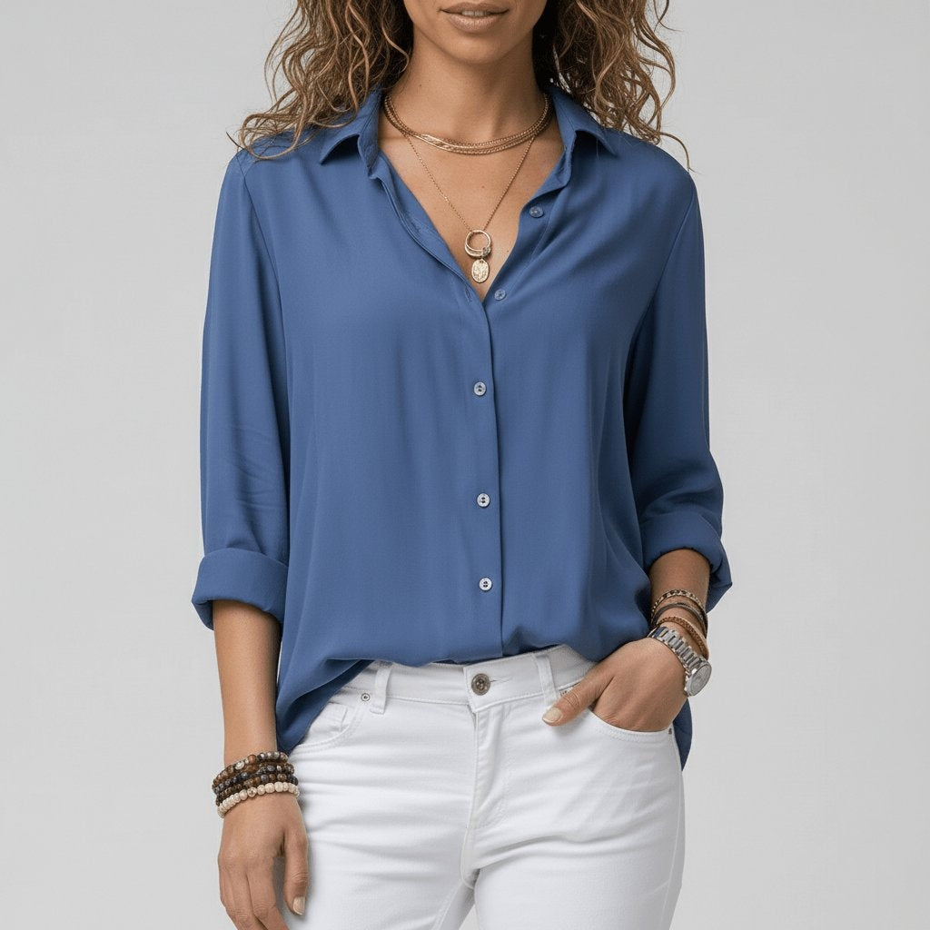 Button-Up Blouse Women's Relaxed Fit with V-Neck | S&W - 10 - Stylewhipped