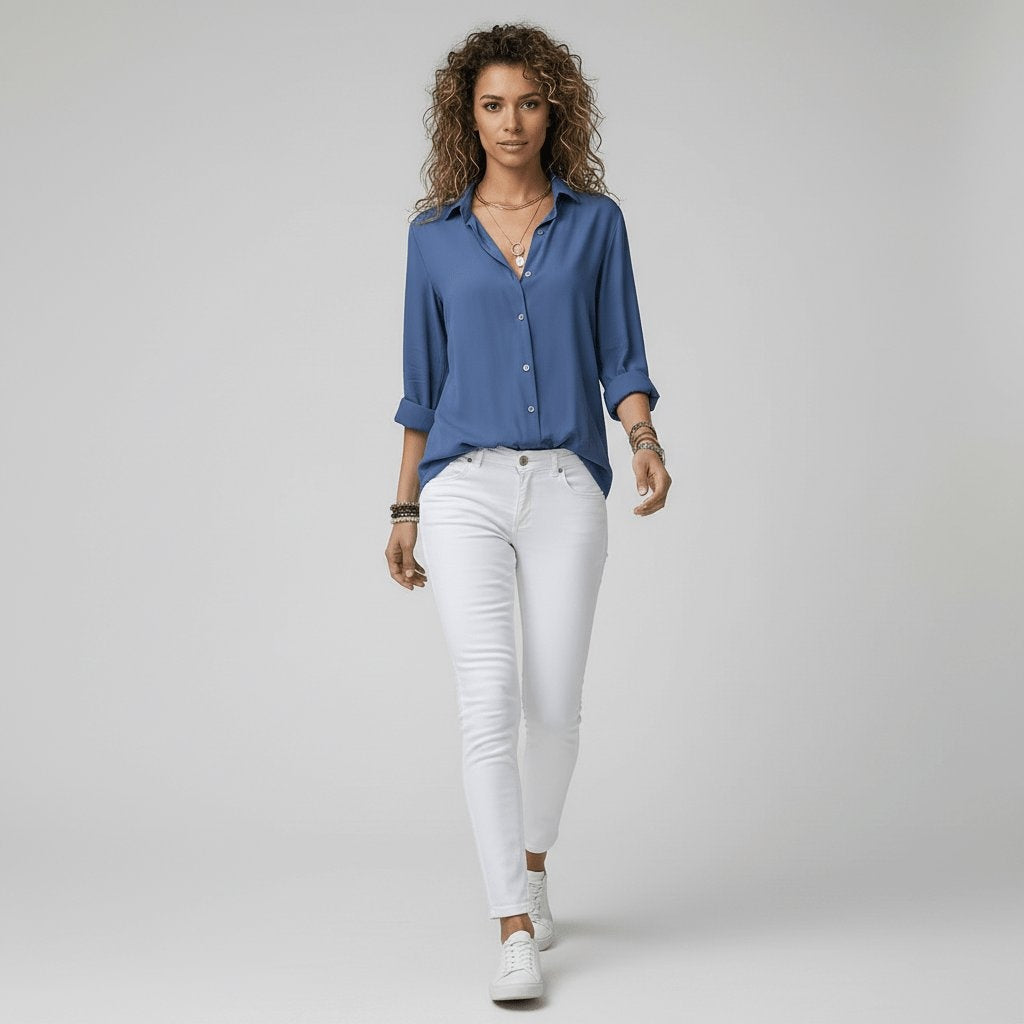 Button-Up Blouse Women's Relaxed Fit with V-Neck | S&W - 11 - Stylewhipped
